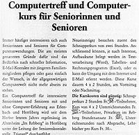Computertreff und Computerkurs für Seniorinnen und Senioren